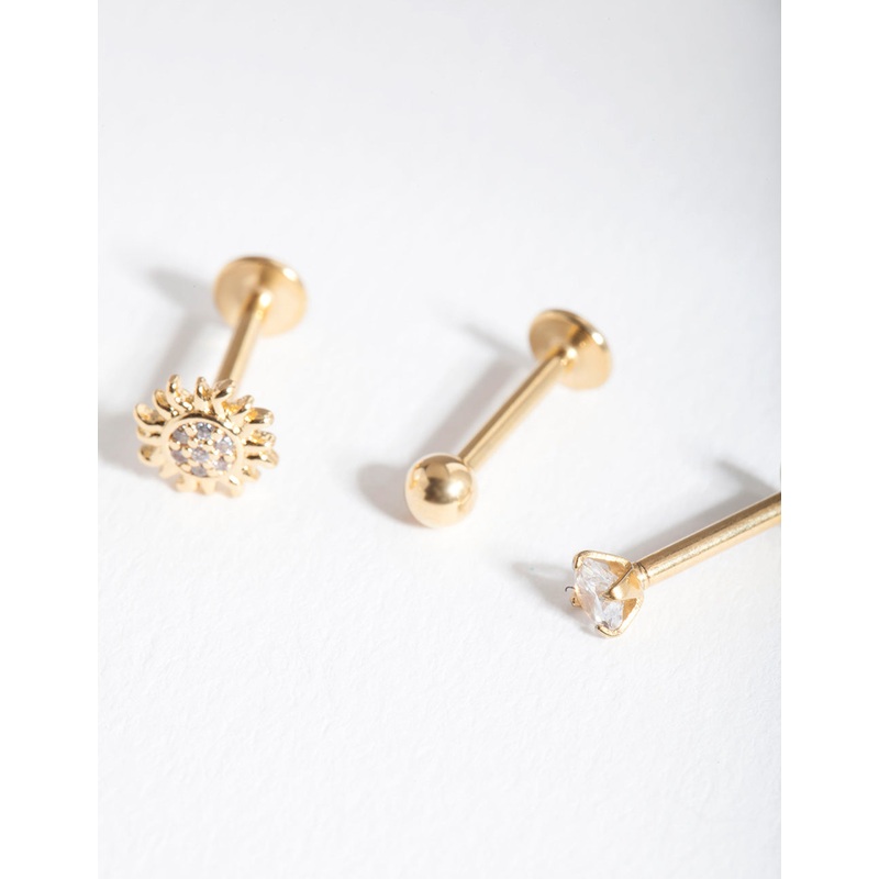 Gold Surgical Steel Cubic Zirconia Sun Flat Back Earring Pack