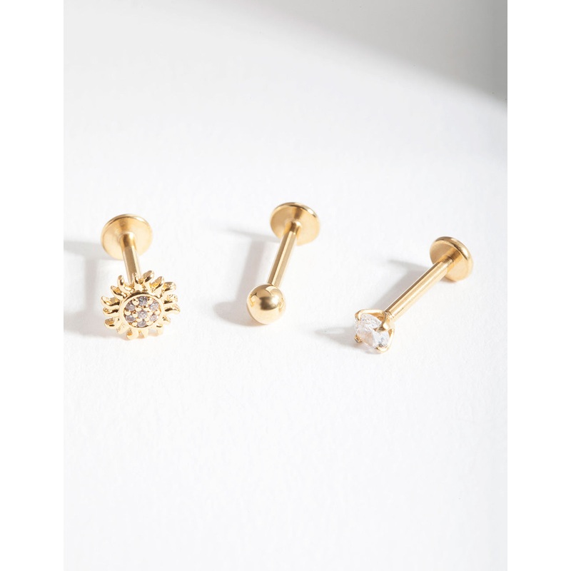 Gold Surgical Steel Cubic Zirconia Sun Flat Back Earring Pack