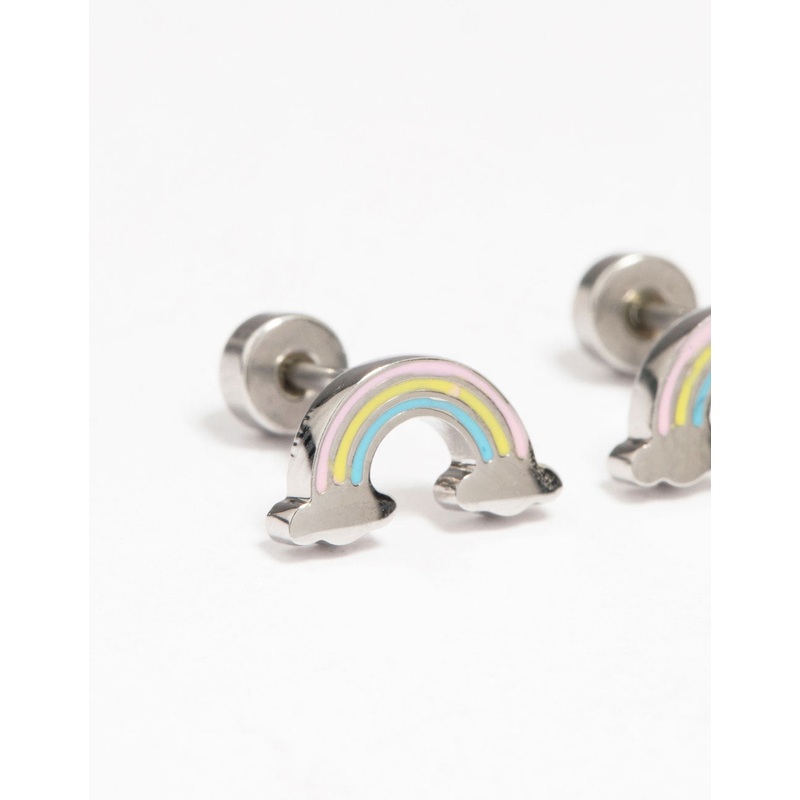 Kids Surgical Steel Rainbow Flat Back Earrings