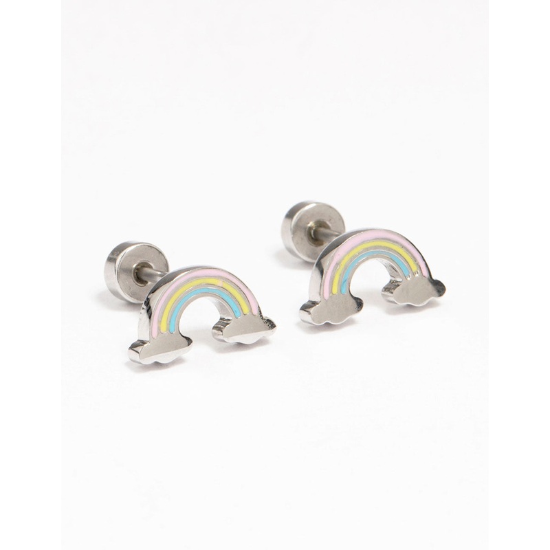Kids Surgical Steel Rainbow Flat Back Earrings