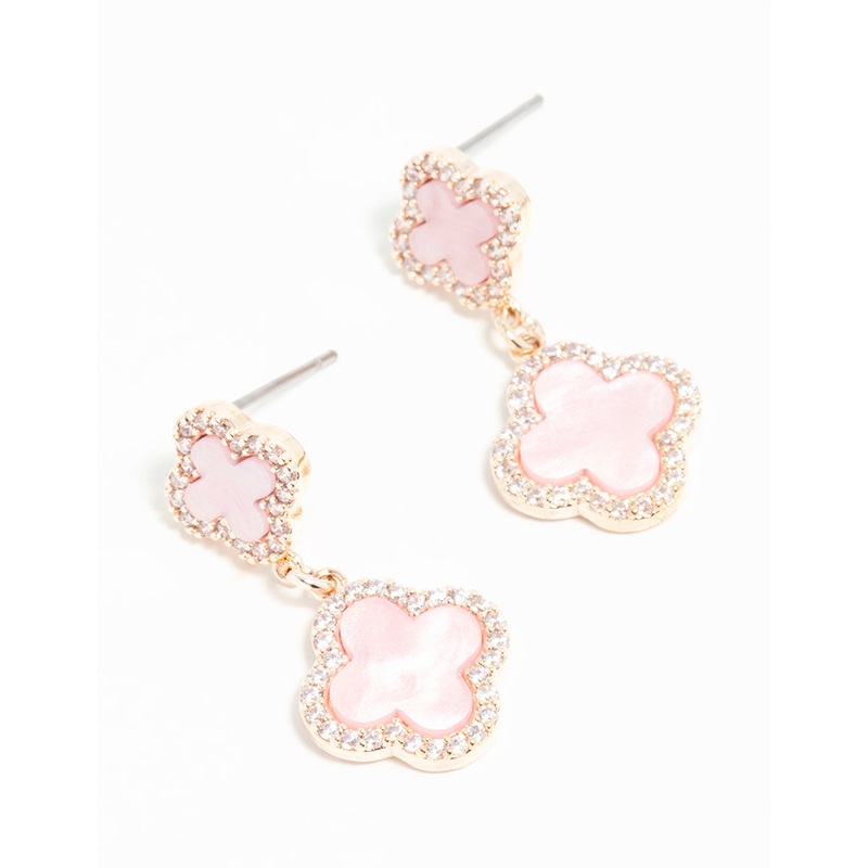 Rose Gold Cubic Zirconia Pink Flower Drop Earrings
