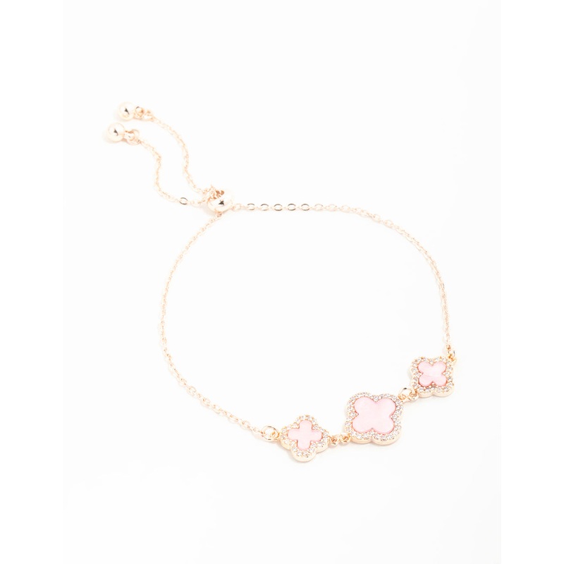 Rose Gold Cubic Zirconia Pink Flower Trio Toggle Bracelet
