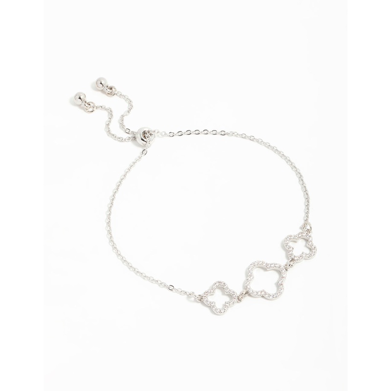 Silver Cubic Zirconia Flower Trio Toggle Bracelet