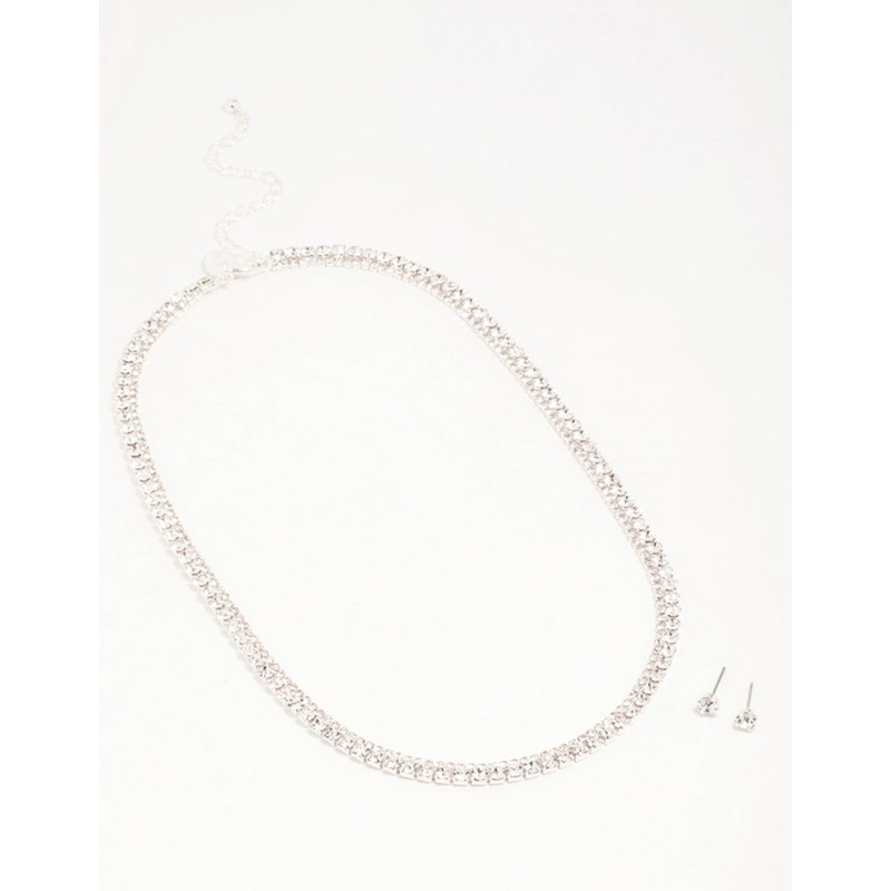 Silver Diamante Tennis Necklace & Earrings Set