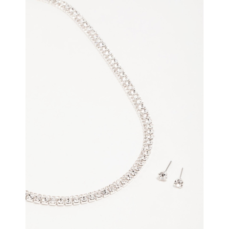 Silver Diamante Tennis Necklace & Earrings Set