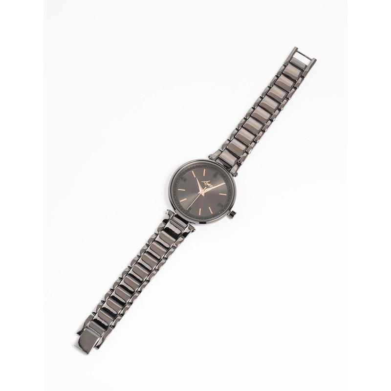 Black Coated Metal Diamante Round Watch