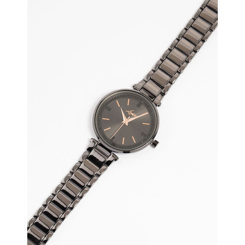 Black Coated Metal Diamante Round Watch