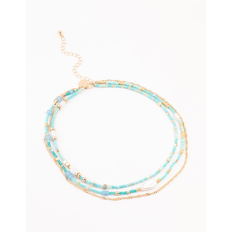 Blue Beaded, Gold & Pearl Layered Choker