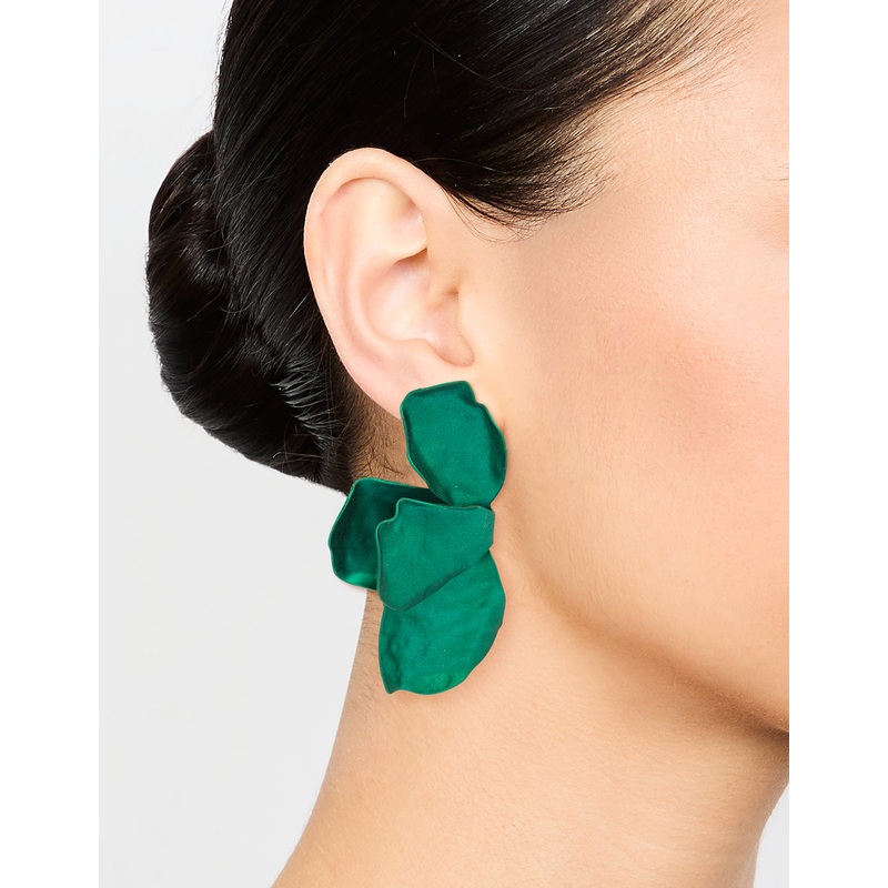 Dark Green Coated Metal Flower Petal Drop Earrings