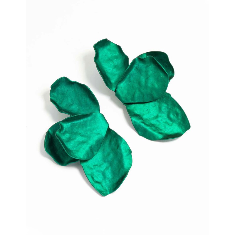 Dark Green Coated Metal Flower Petal Drop Earrings