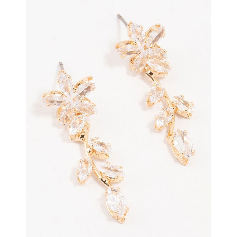 Gold Cubic Zirconia Flower Trail Drop Earrings