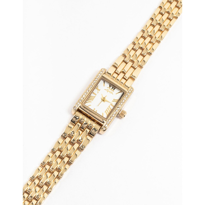 Gold Diamante Rectangle Watch