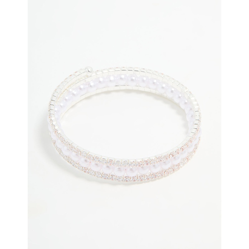 Silver Cubic Zirconia Pearl Layered Bangle