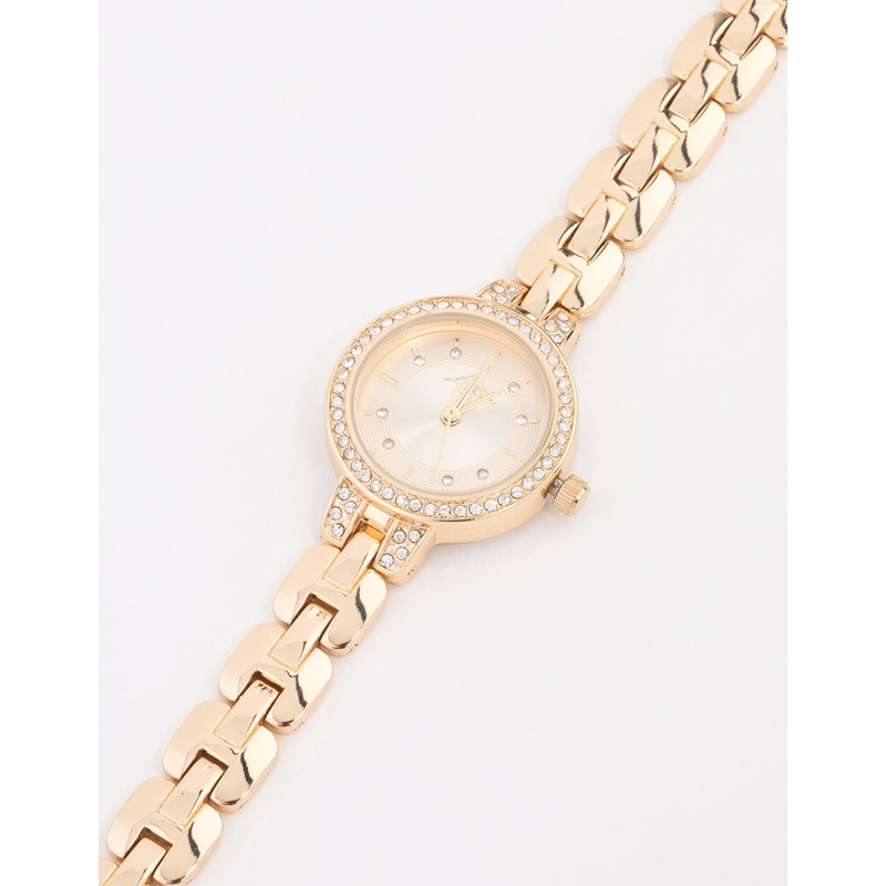 Small Gold Diamante Round Strap Watch