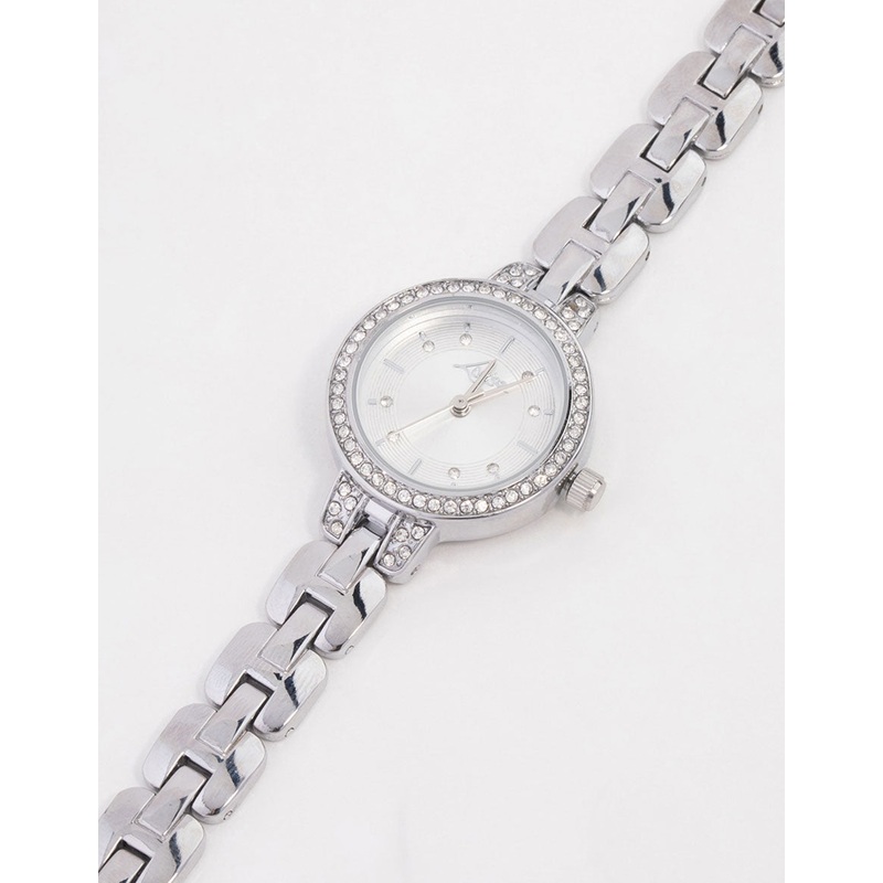 Small Silver Diamante Round Strap Watch