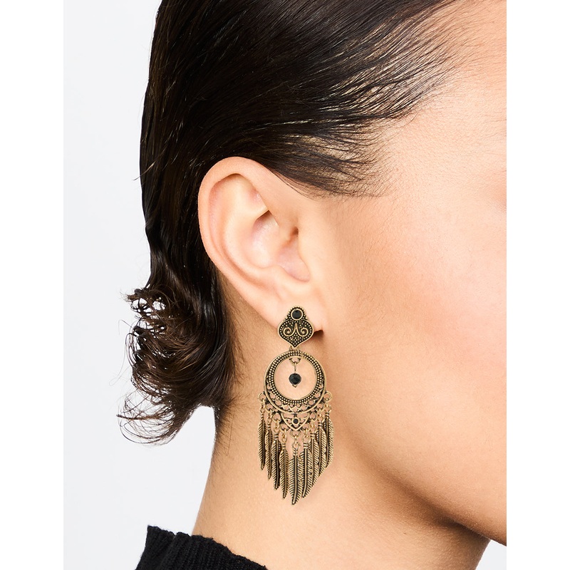 Antique Gold Black Patterned Dreamcatcher Tassel Drop Earrings