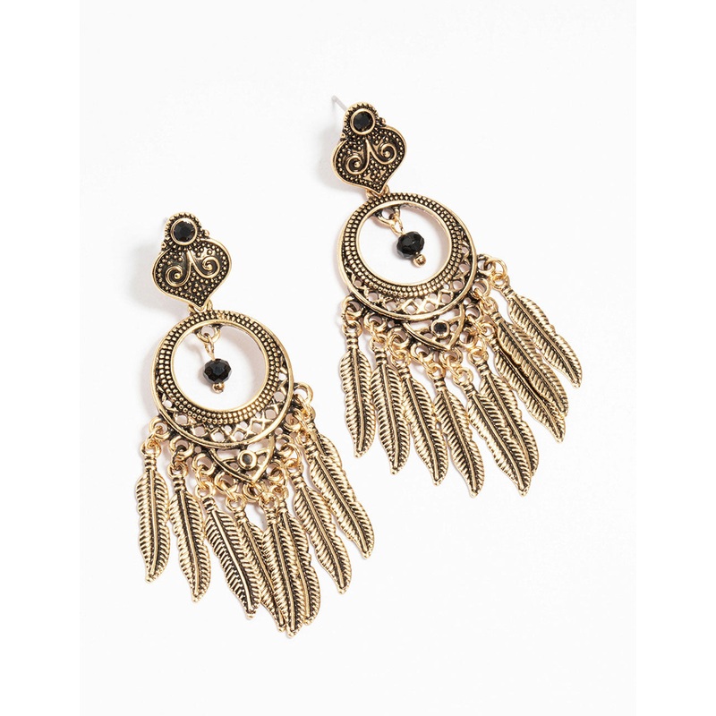 Antique Gold Black Patterned Dreamcatcher Tassel Drop Earrings