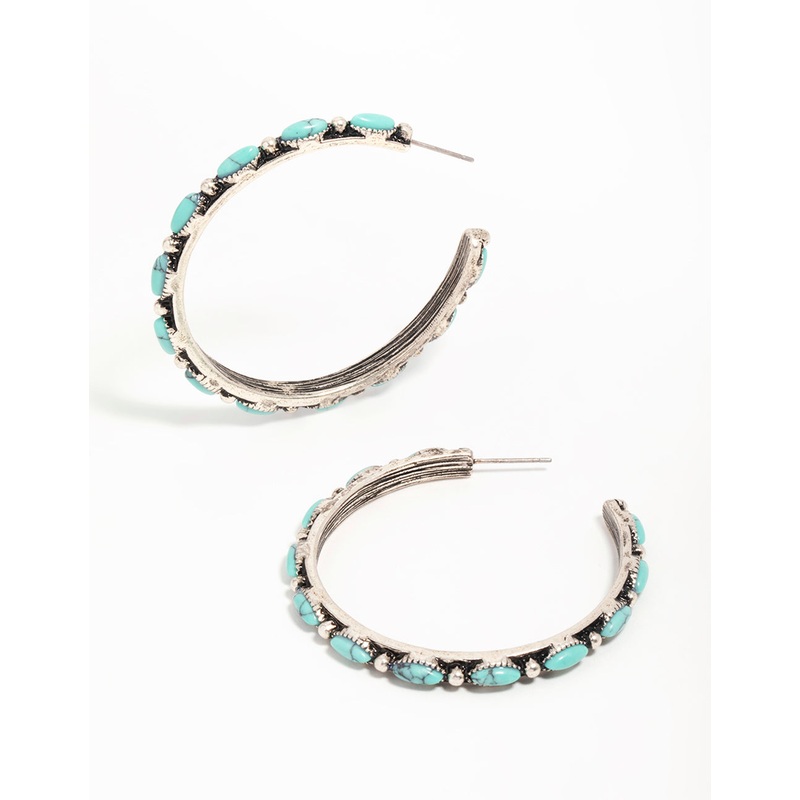 Antique Silver Turquoise Large Hoop Earrings