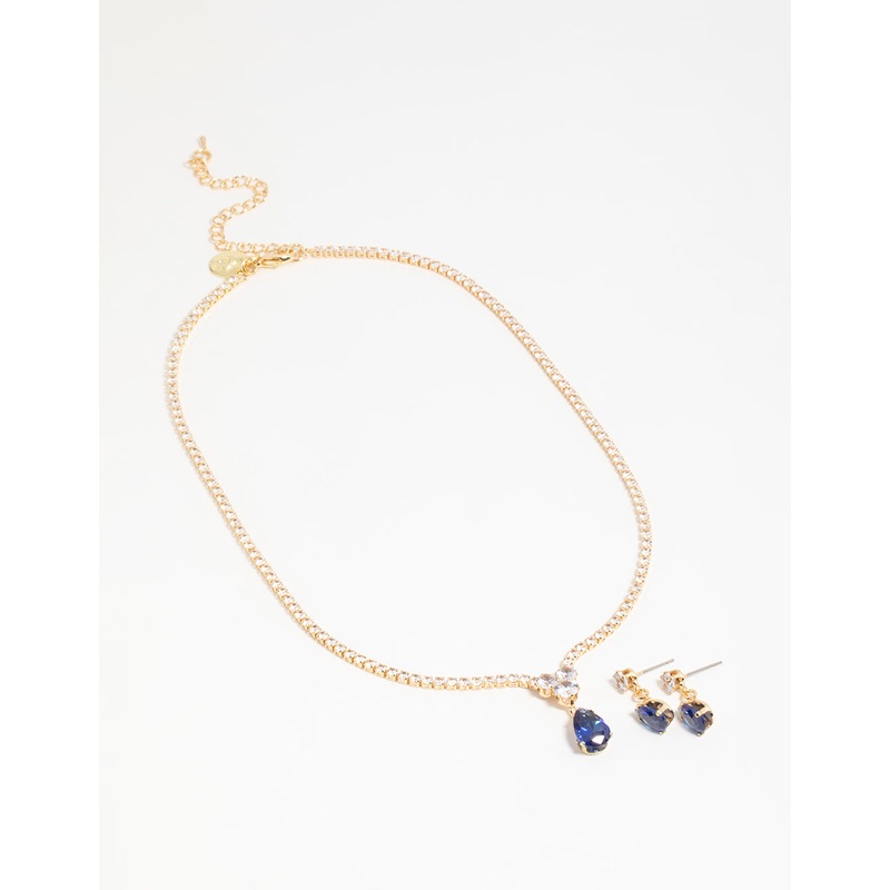 Gold Blue Cubic Zirconia Drop Necklace & Earrings Set