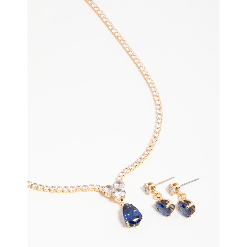 Gold Blue Cubic Zirconia Drop Necklace & Earrings Set