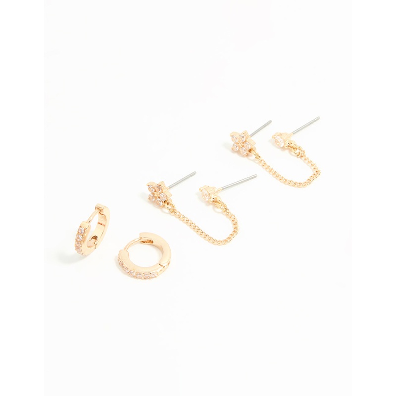 Gold Cubic Zirconia Chain & Flower Huggie Earrings 2-Pack