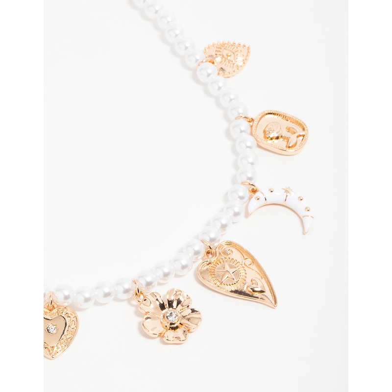 Gold Pearl Celestial Charm Necklace