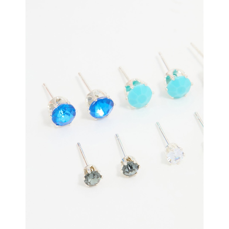 Silver Blue Diamante Stud Earrings 8-Pack