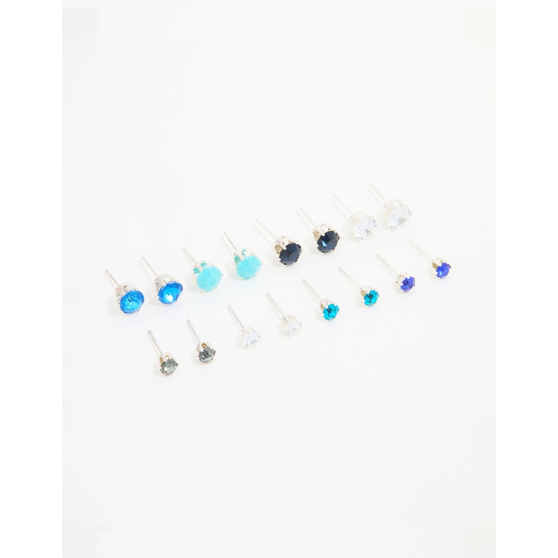 Silver Blue Diamante Stud Earrings 8-Pack