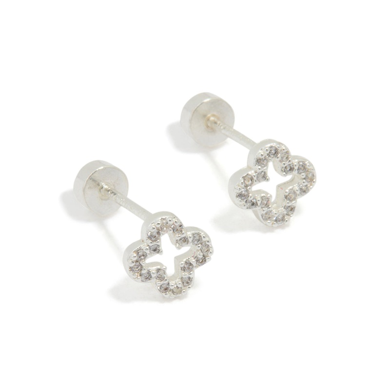 Sterling Silver Cubic Zirconia Hollow Pave Flower Stud Earrings