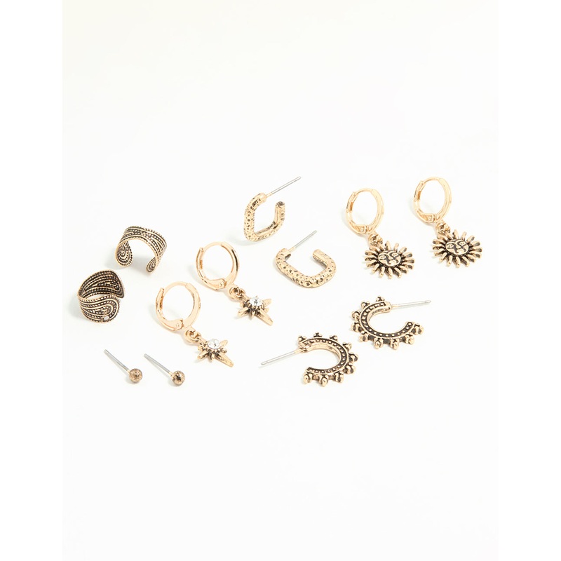 Antique Gold Sun & Star Huggie & Stud Earrings 6-Pack