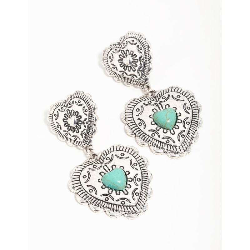 Antique Silver Turquoise Double Heart Drop Earrings