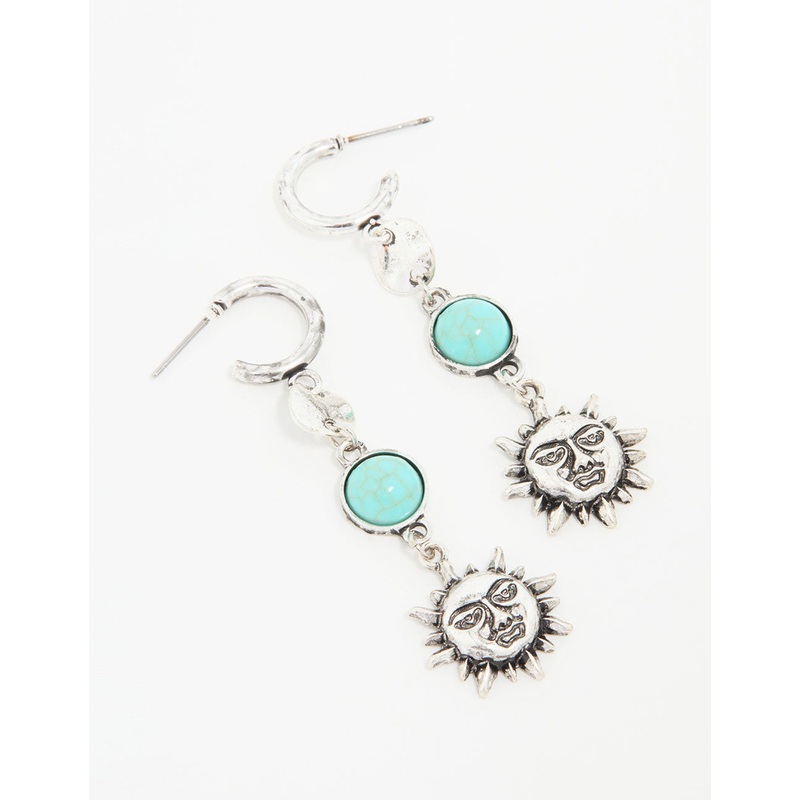 Antique Silver Turquoise Stone & Sun Drop Earrings