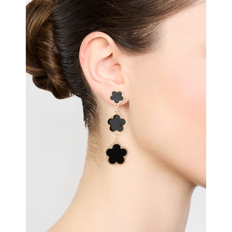 Gold Black Flower Drop Earrings