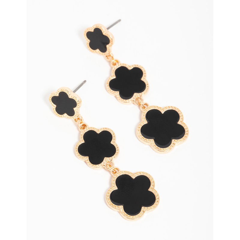 Gold Black Flower Drop Earrings