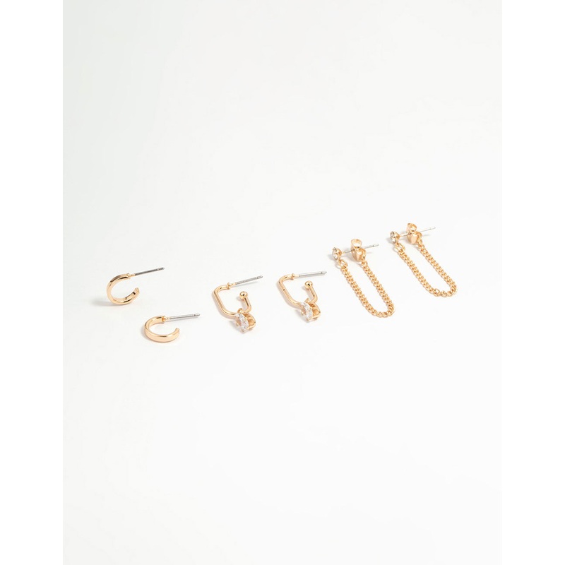 Gold Diamante Chain & Hoop Earrings 3-Pack