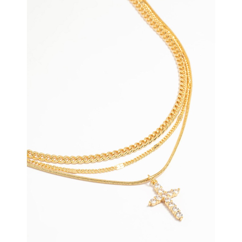 Gold Plated Cross & Chain Layered Necklace