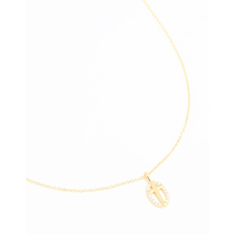 Gold Plated Sterling Silver Cubic Zirconia Oval Cross Necklace