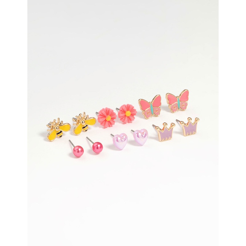 Kids Gold Tiara & Bee Stud Earrings 6-Pack