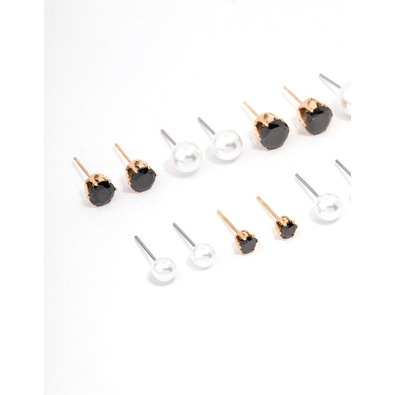 Gold Black Crystal & Pearl Stud Earring 8-Pack