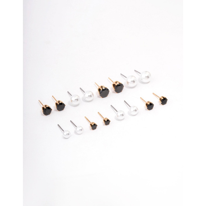 Gold Black Crystal & Pearl Stud Earring 8-Pack