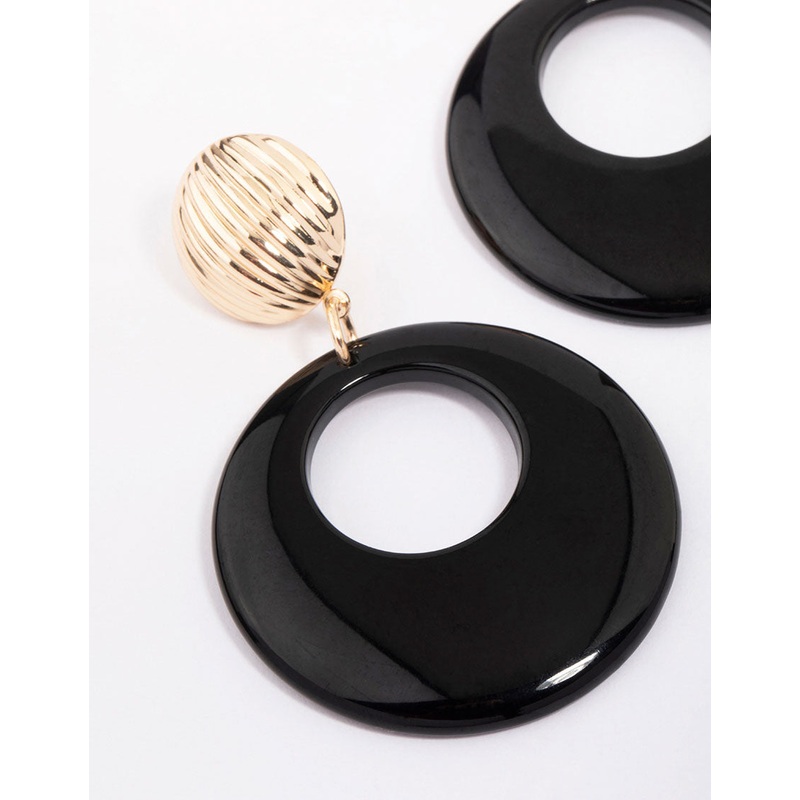 Gold & Black Ribbed Circular Drop Earrings