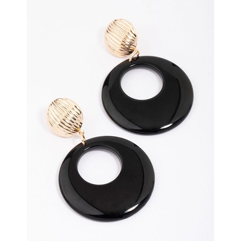 Gold & Black Ribbed Circular Drop Earrings