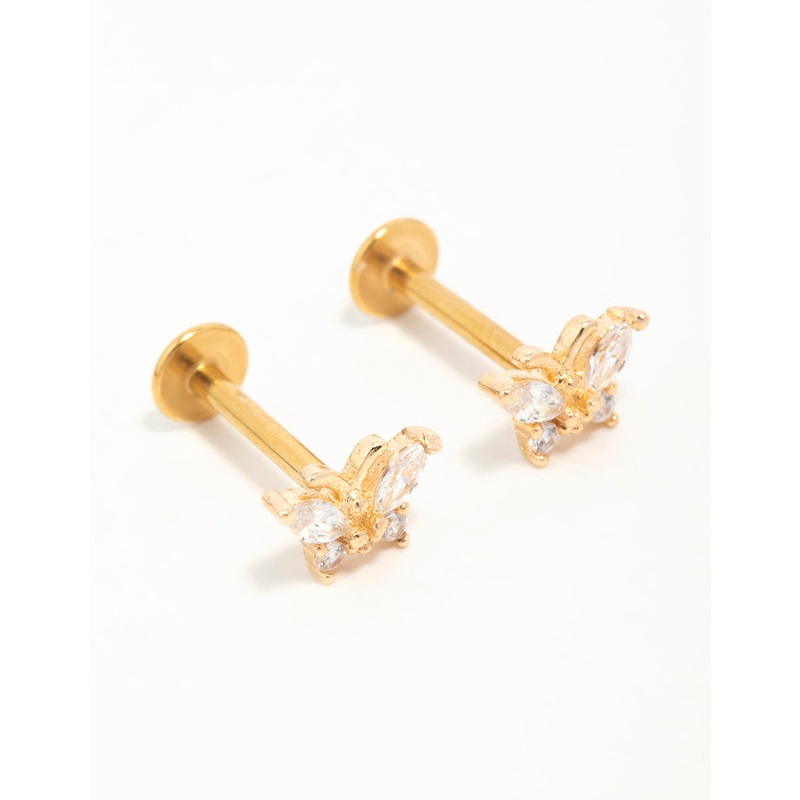 Gold Plated Surgical Steel Cubic Zirconia Butterfly Flat Back Earrings
