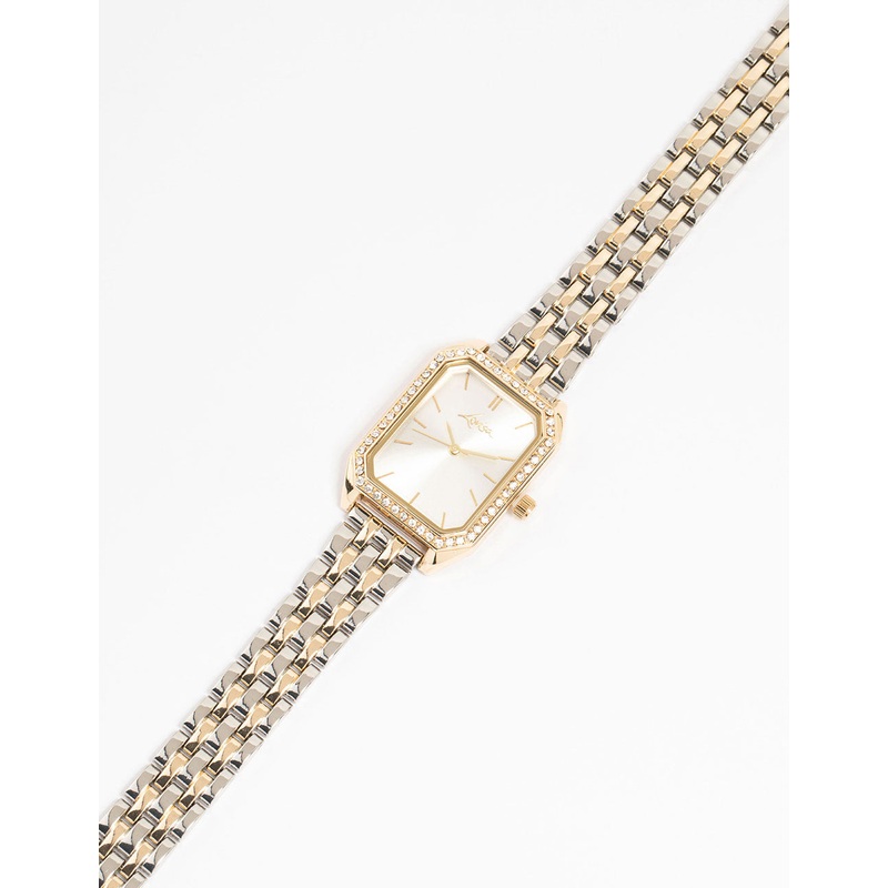 Mixed Metals Diamante Medium Rectangle Watch