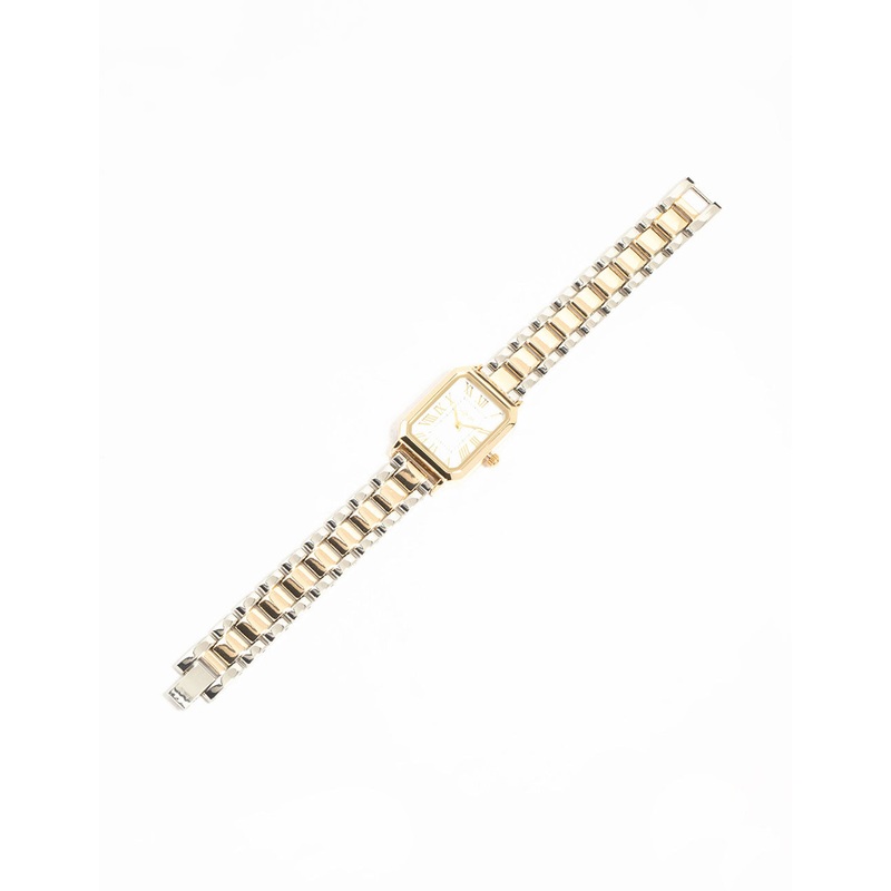 Mixed Metals Rectangle Roman Numeral Watch