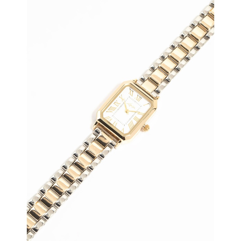 Mixed Metals Rectangle Roman Numeral Watch