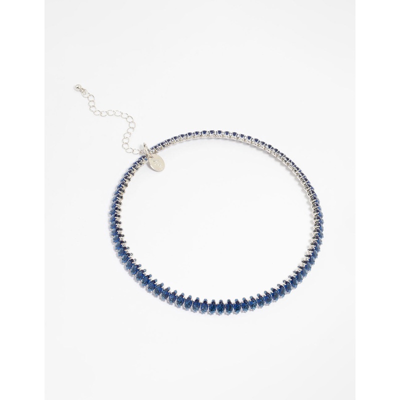 Silver Blue Cubic Zirconia Navette Choker Necklace