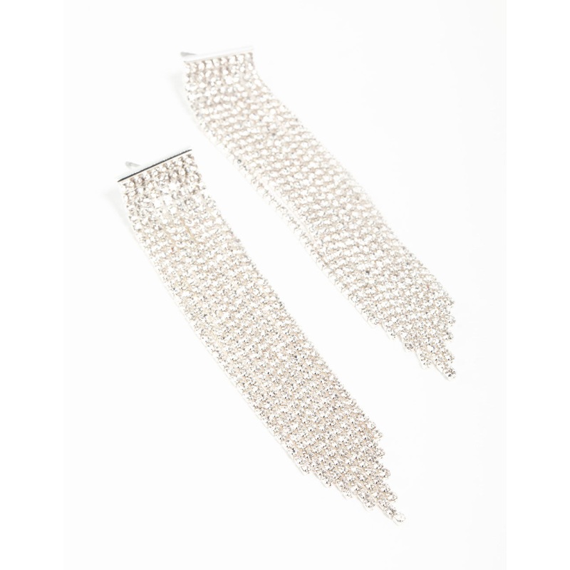 Silver Plated Cupchain Diamante Fringe Stud Earrings