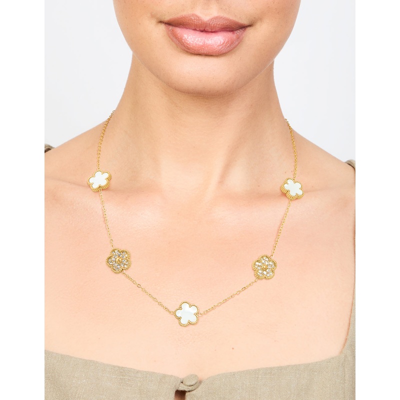 Waterproof Gold Plated Stainless Steel Diamante Flower Petal Charm Necklace