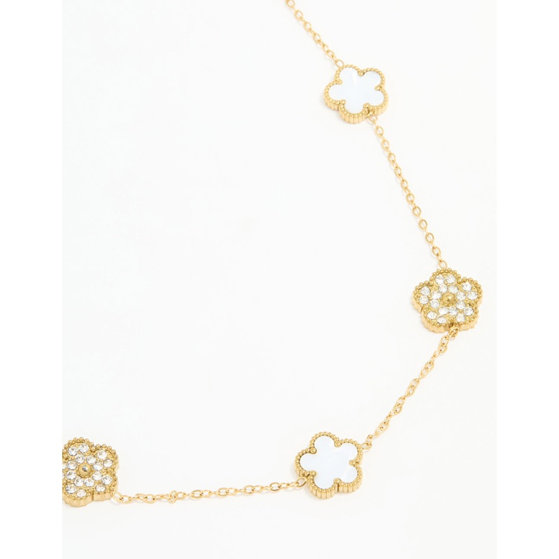 Waterproof Gold Plated Stainless Steel Diamante Flower Petal Charm Necklace